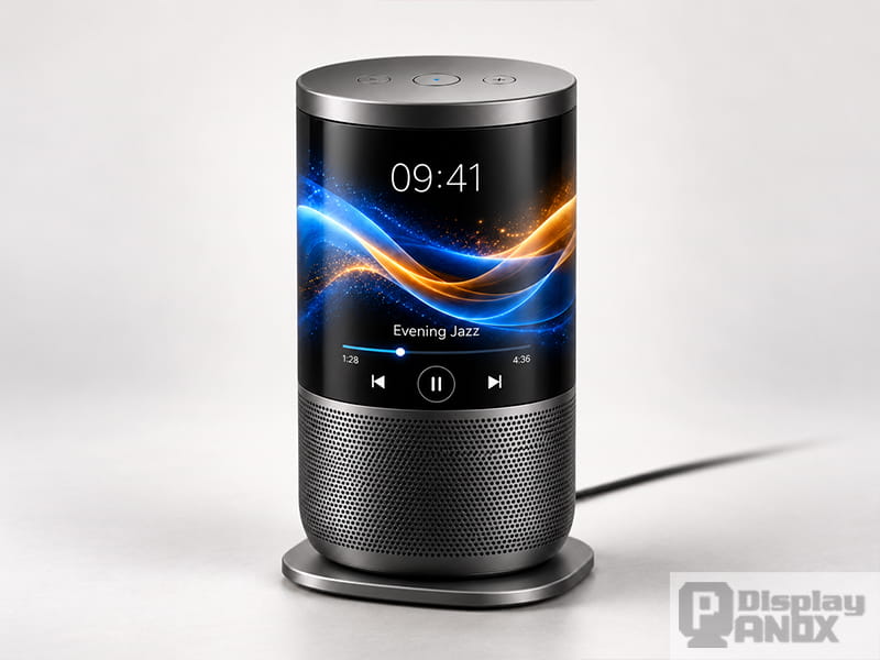 Cylindrical smart speaker concept featuring a 7.8-inch flexible OLED wraparound display with clock, music playback controls, and colorful visual graphics.