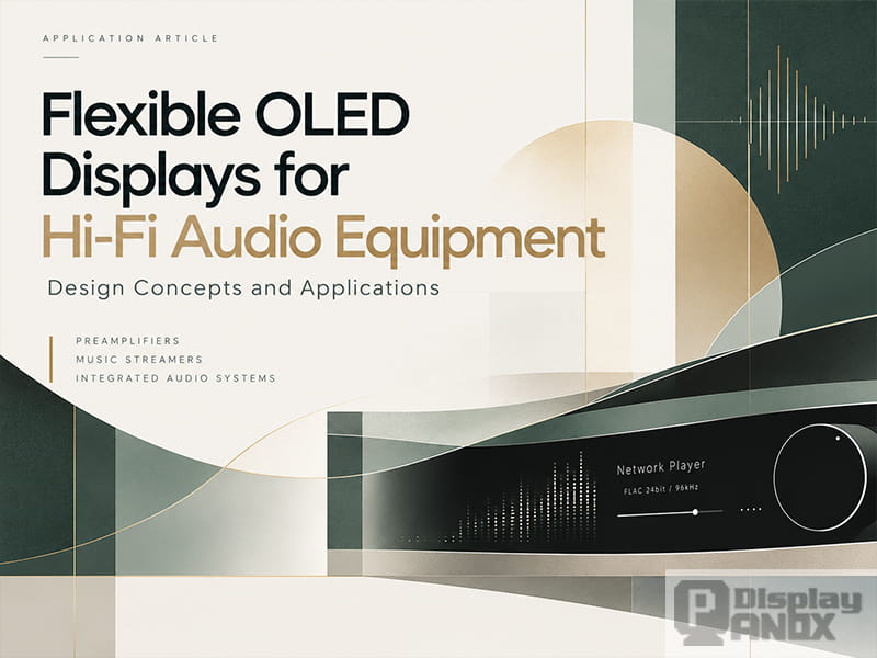 Editorial graphic illustrating flexible OLED display applications in high-end Hi-Fi audio equipment, featuring curved display design and audio visualization.