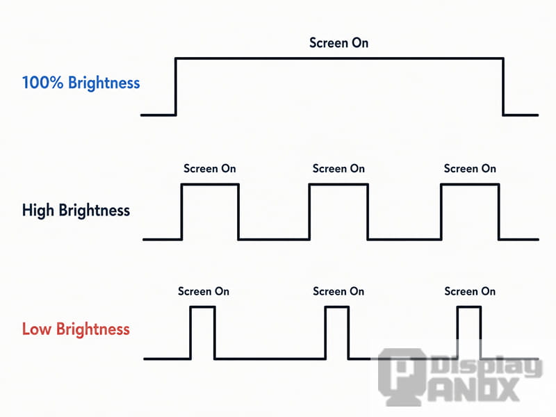 PWM dimming diagram comparing 100 percent brightness, high brightness, and low brightness through different screen-on duty cycles.