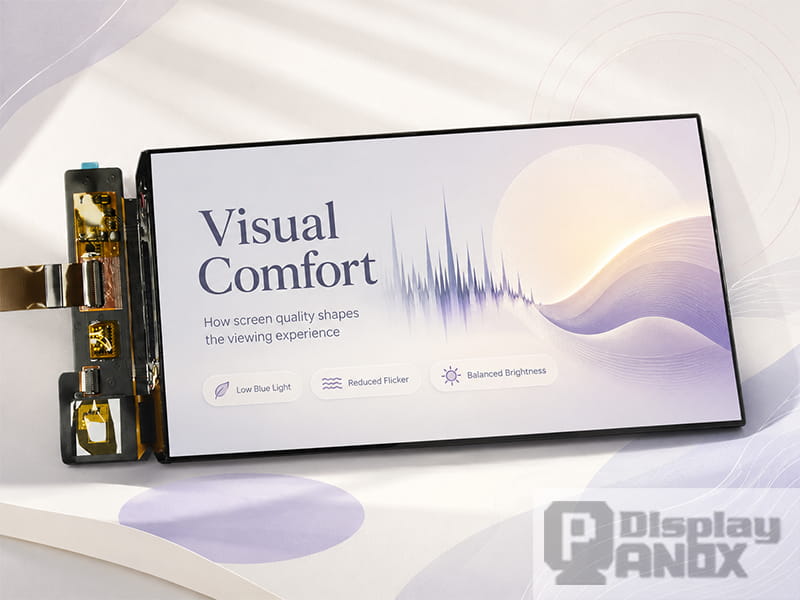 7 inch AMOLED display module showing a visual comfort concept with reduced flicker, low blue light, and balanced brightness for eye-friendly viewing.