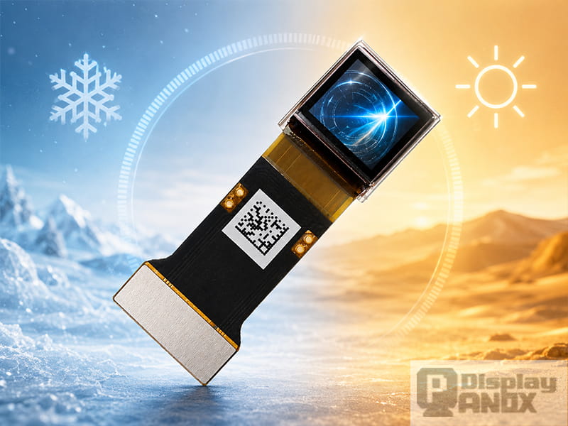 0.5 inch Micro OLED display module shown in a wide temperature application concept for compact optical systems.