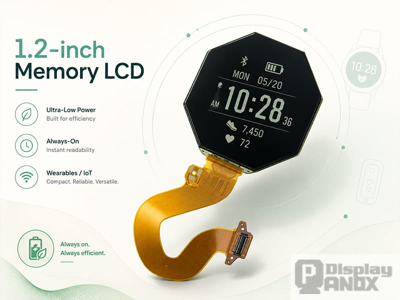 1.2-inch Memory LCD module with always-on interface and flexible FPC for low-power wearable and IoT devices.