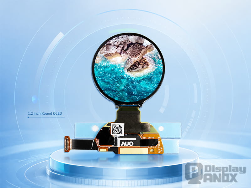 1.2-inch round OLED display module with circular screen and FPC for wearable and compact device applications.