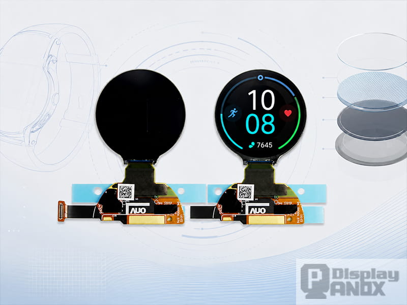 1.2 inch round OLED display module for smartwatch wearables, showing off and active UI display states.