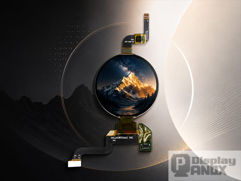 1.43 inch round AMOLED on-cell PCAP touch display module showing high contrast mountain image for display panel article