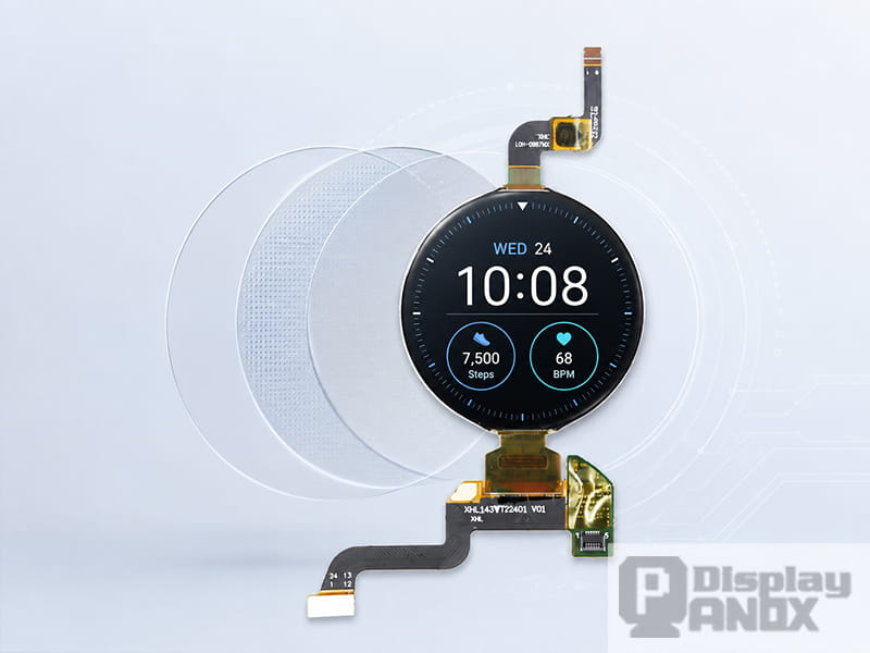 1.43-inch round AMOLED On-Cell PCAP touch display for smartwatch applications.