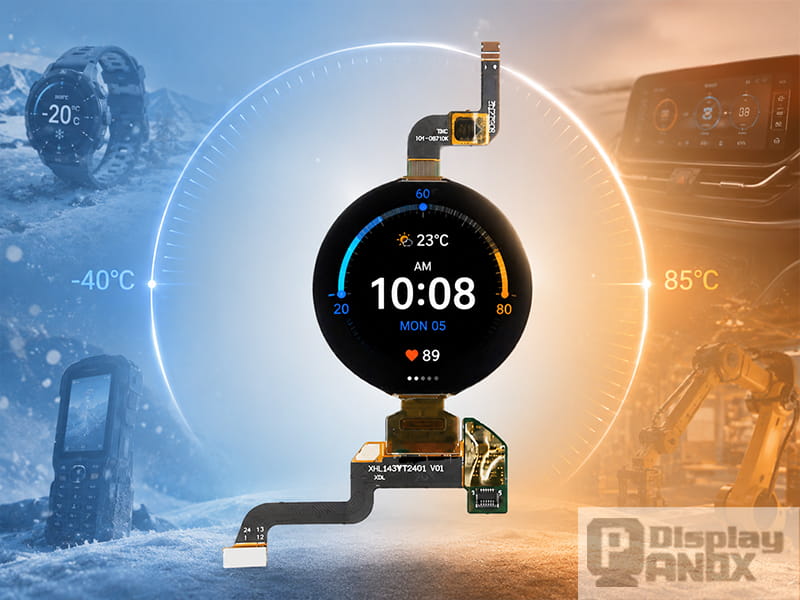 1.43 inch round AMOLED on-cell touch display for wearable and wide temperature application scenarios.