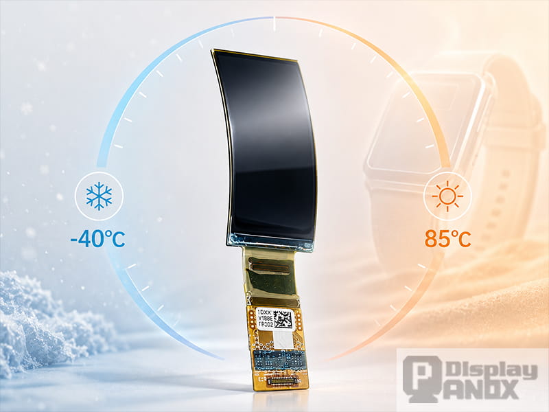 1.5 inch flexible OLED display for wearable smartwatch applications with -40°C to 85°C temperature range concept.