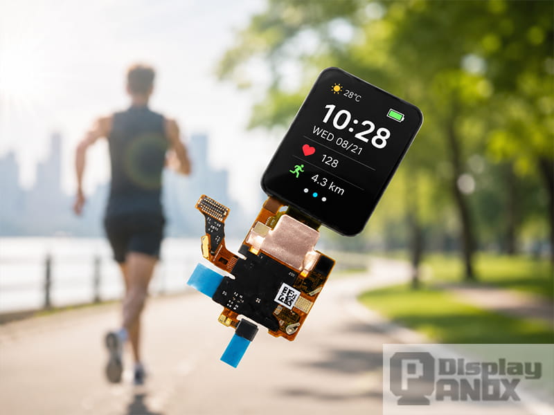 1.6 inch OLED wearable display module showing fitness data in outdoor sunlight