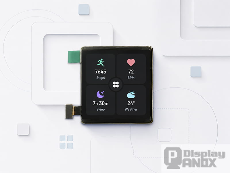 1.63 inch square OLED display for wearable smartwatch applications, showing fitness, heart rate, sleep and weather dashboard cards.