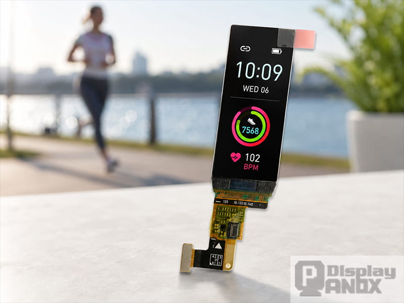 1.91 inch OLED wearable display showing a fitness interface in an outdoor sunlight scene