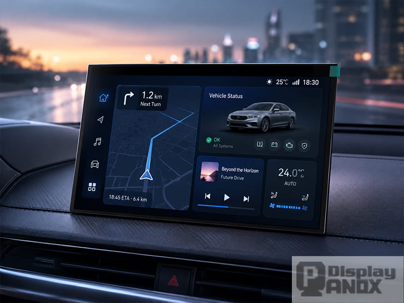 10.1 inch LCD display for automobile console applications with navigation and vehicle status interface.