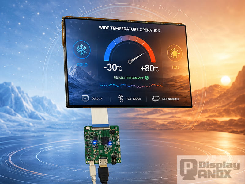 10.5 inch 2K OLED touch screen with MIPI interface displayed in a wide temperature operation concept.