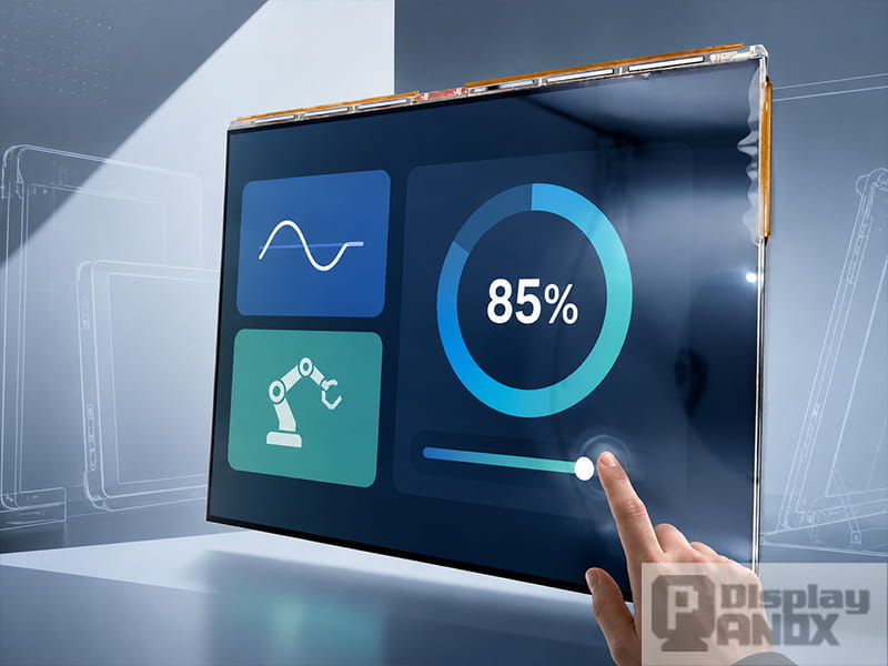 10.5 inch OLED 2K touch display module showing a simplified industrial control interface.