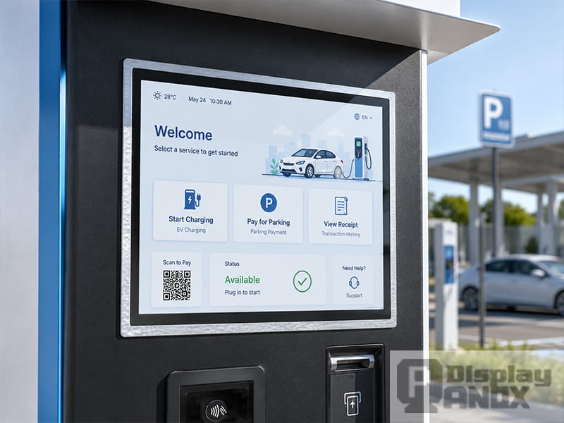 12.1 inch industrial LCD display used in an outdoor EV charging and parking self-service terminal