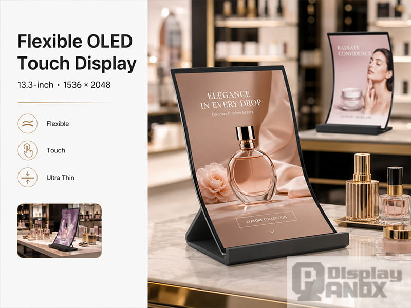 13.3-inch flexible OLED touch display shown as compact retail digital signage.