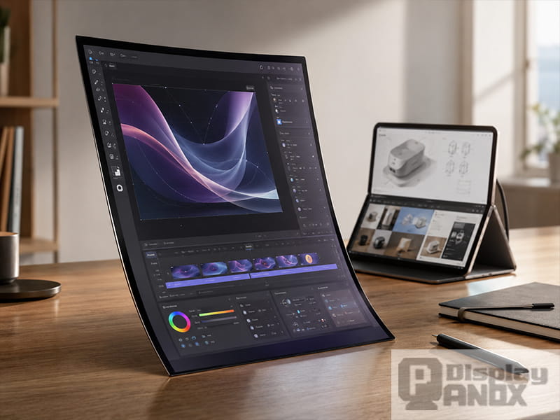 13.3-inch flexible OLED touch display used as a curved creative workstation screen.