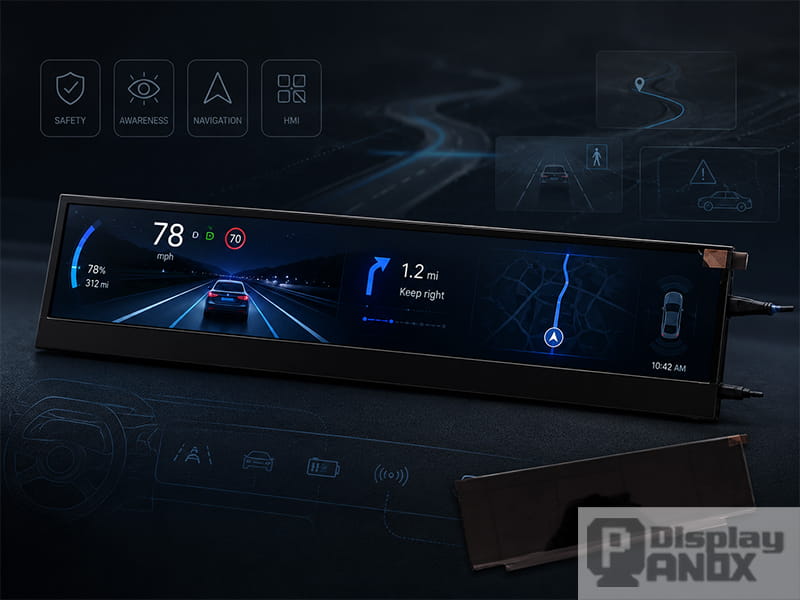 14 inch long strip automotive display showing navigation, safety and vehicle HMI information