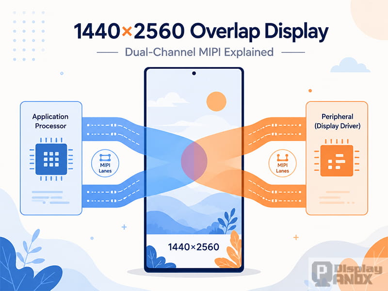 Illustration of a 1440x2560 overlap display using dual-channel MIPI transmission between an application processor and display driver