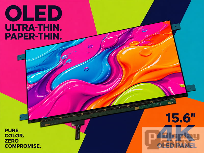 15.6 inch 4K OLED monitor display panel with exposed driver board and FPC cable in a vibrant graphic poster design showing ultra-saturated color performance