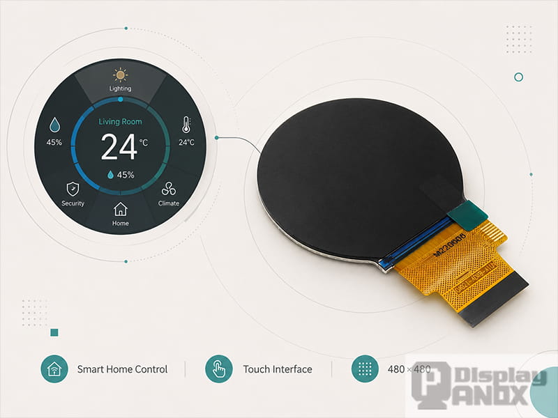 2.1-inch round TFT-LCD touch panel with 480 × 480 resolution for smart home control and embedded interface applications.