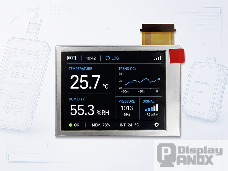 2.6-inch OLED handheld display showing an environmental data logger interface with temperature and humidity readings.
