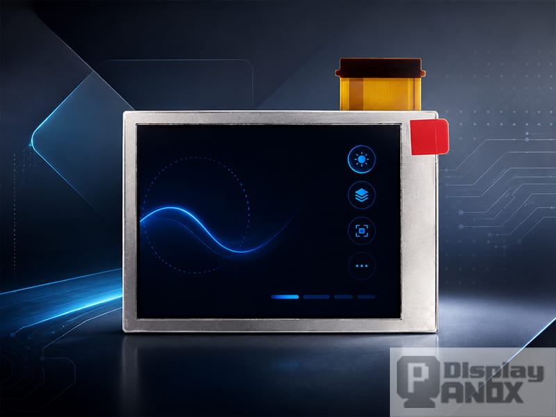 2.6-inch OLED RGB MCU handheld display panel with compact module structure and blue interface graphic.