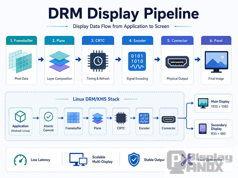 DRM display pipeline diagram showing framebuffer, plane, CRTC, encoder, connector, and panel data flow from application to screen.