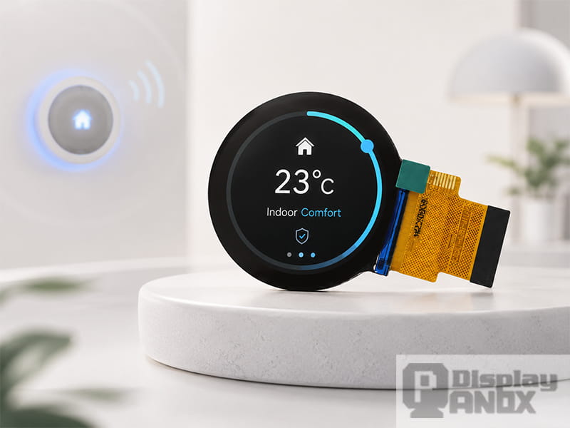 2 inch round TFT LCD module displaying a smart indoor control interface for thermostat and home automation applications.