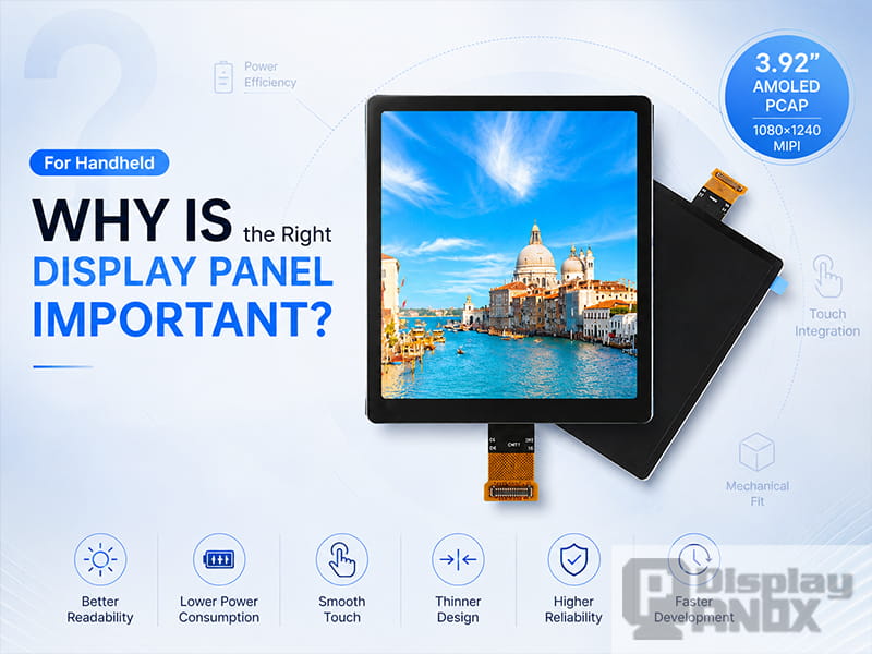 3.92-inch AMOLED PCAP touch display panel highlighting why display selection matters for handheld product design.