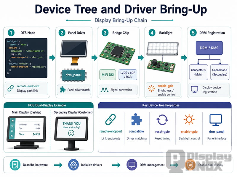 Device tree and driver bring-up chain for POS dual-display systems, including DTS node, panel driver, bridge chip, backlight, and DRM registration.