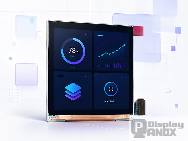 3 inch square TFT LCD display with 720x720 resolution showing a compact dashboard-style interface for embedded devices.