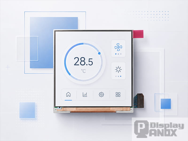 3-inch square TFT-LCD display with 720 x 720 resolution showing a clean handheld control interface.