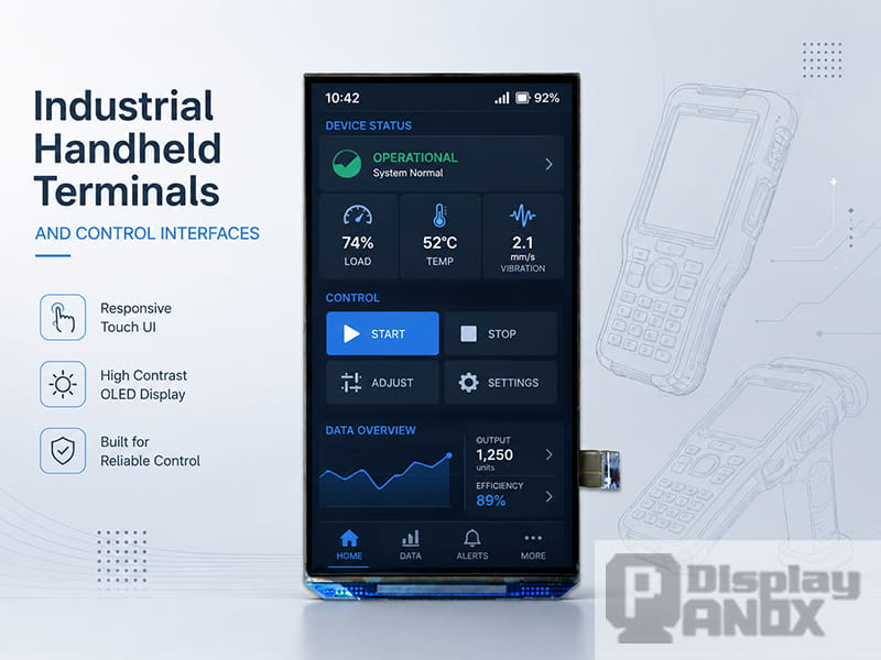 4.3-inch OLED display panel with an industrial handheld terminal control interface.
