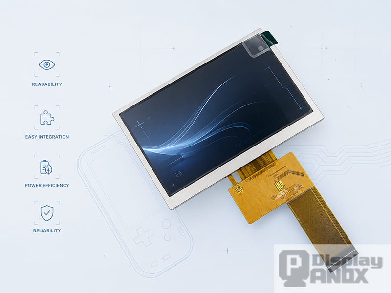 4.3-inch TFT LCD RGB display panel showing readability, integration, power efficiency, and reliability features for handheld design.