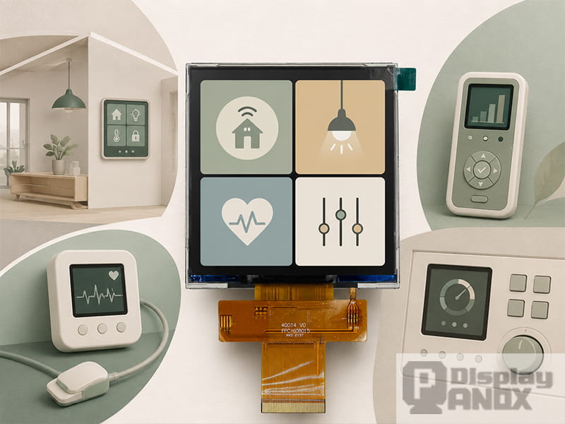 4.0 inch square LCD display showing smart home, healthcare, handheld control and embedded application scenarios.