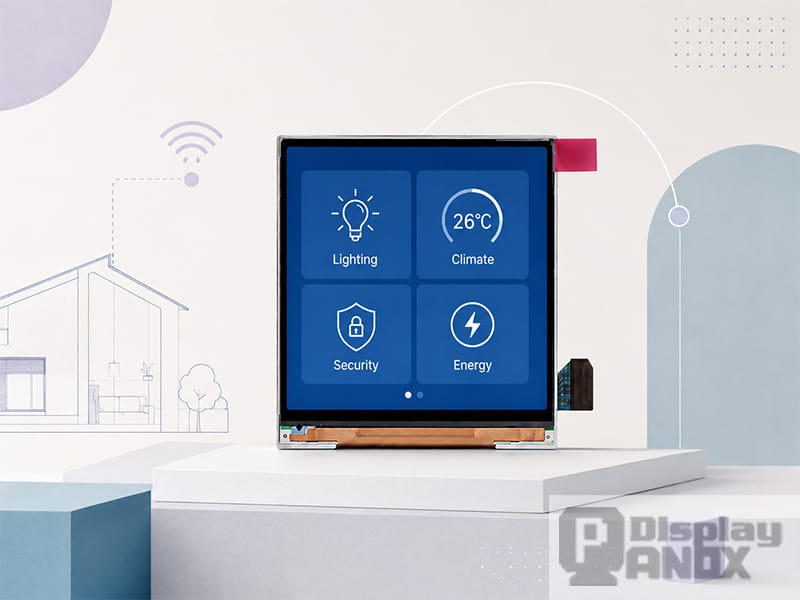 4.0 inch square LCD display showing a smart home control interface with lighting, climate, security and energy icons.