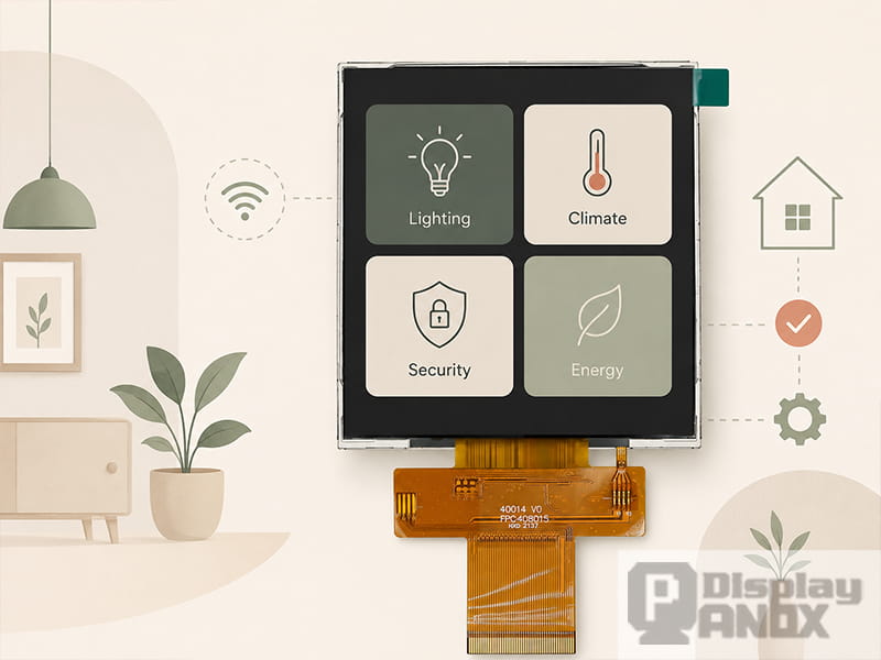 4.0 inch square LCD display with 480x480 resolution, showing a smart home control interface for lighting, climate, security and energy.