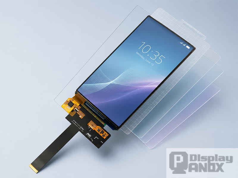 5.0-inch OLED On-Cell PCAP touch display module with layered touch structure illustration.