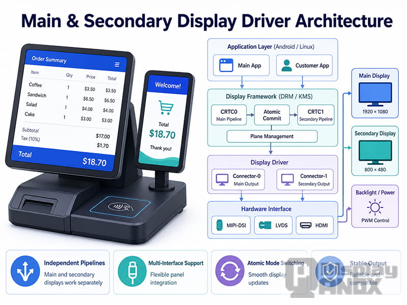 Main and secondary display driver architecture for POS terminals, showing application layer, DRM/KMS framework, display driver, hardware interface, and dual display outputs.