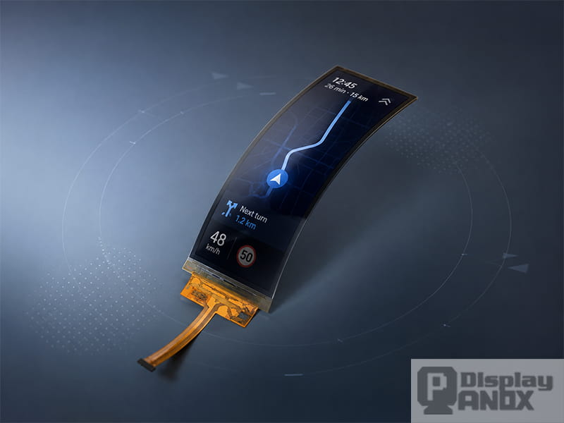 6.52 inch flexible OLED long strip display shown in a curved form with navigation interface.