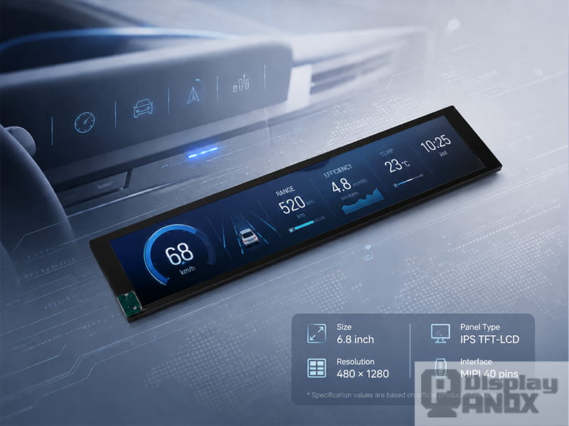 6.8 inch long strip IPS TFT LCD display with automotive dashboard interface and confirmed product specs.