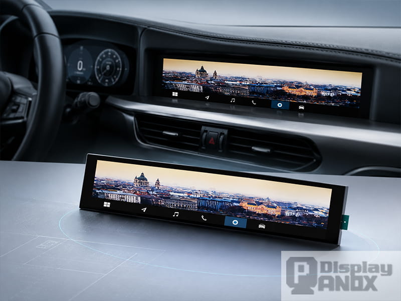 6.8 inch long strip LCD shown as an automotive dashboard interface with a matching display module.