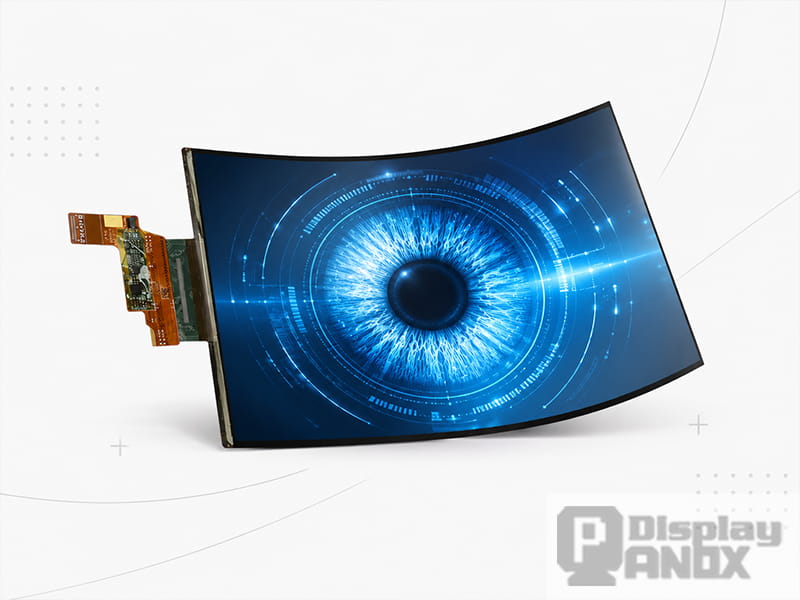 7.8 inch flexible OLED display with a curved screen shape and blue digital eye interface for humanoid robot eye applications.