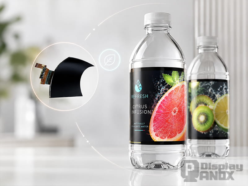 7.8-inch flexible OLED display used as a curved smart label for bottle packaging