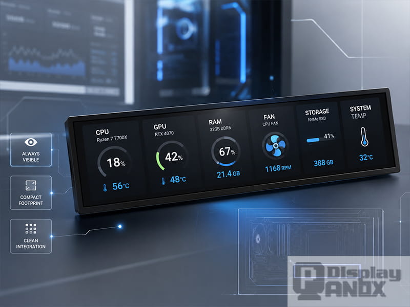 7.84 inch long strip LCD showing PC system monitoring data in a compact desktop setup.