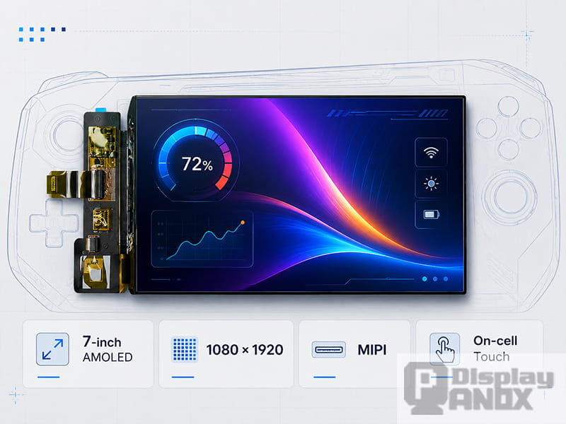 7-inch AMOLED handheld display panel with 1080 x 1920 resolution, MIPI interface, and on-cell touch feature.