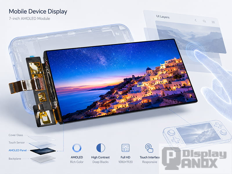7 inch AMOLED mobile display module for handheld devices with touch interface