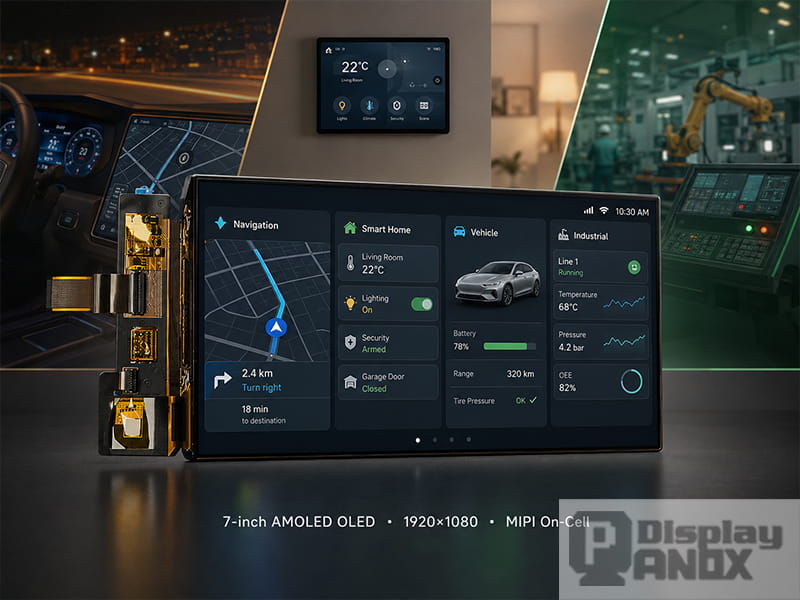 7-inch AMOLED OLED MIPI On-Cell display for navigation, smart home, vehicle, and industrial interfaces.