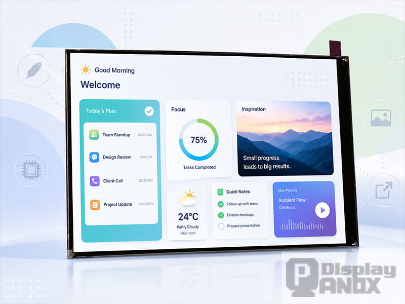 7 inch LCD tablet display panel showing a clean productivity dashboard interface for embedded and portable display applications